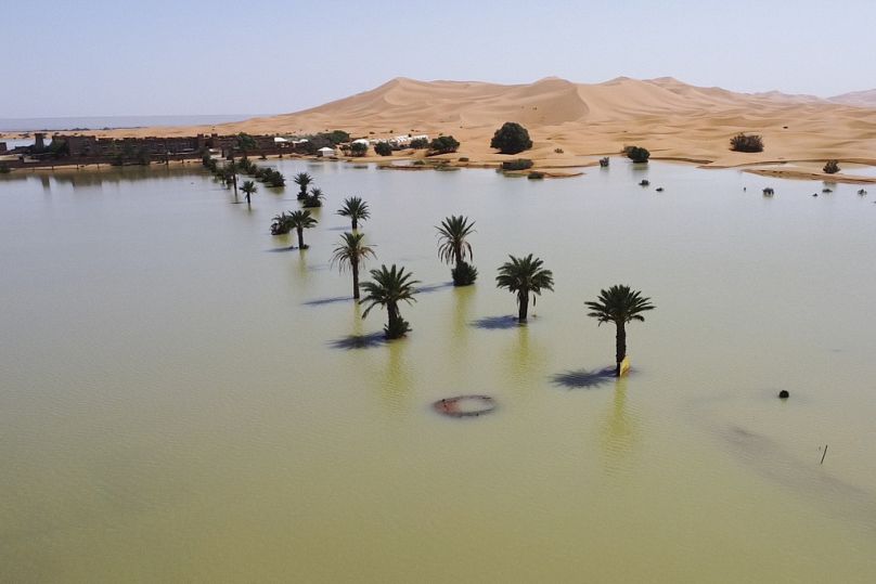 ظهور بحيرة كبيرة في صحراء المغرب إثر هطول أمطار غزيرة تجذب السياح